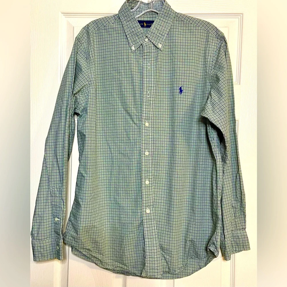 Polo Ralph Lauren Checked Shirt Mens Large Blue Green Classic Fit 100% Cotton